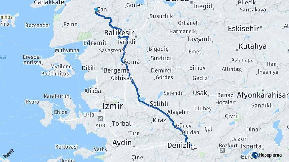 Çanakkale Çan Denizli Arası Kaç Km - Yol Haritası