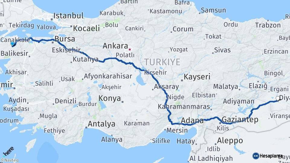 Çanakkale Çan Diyarbakır Arası Kaç Km - Yol Haritası