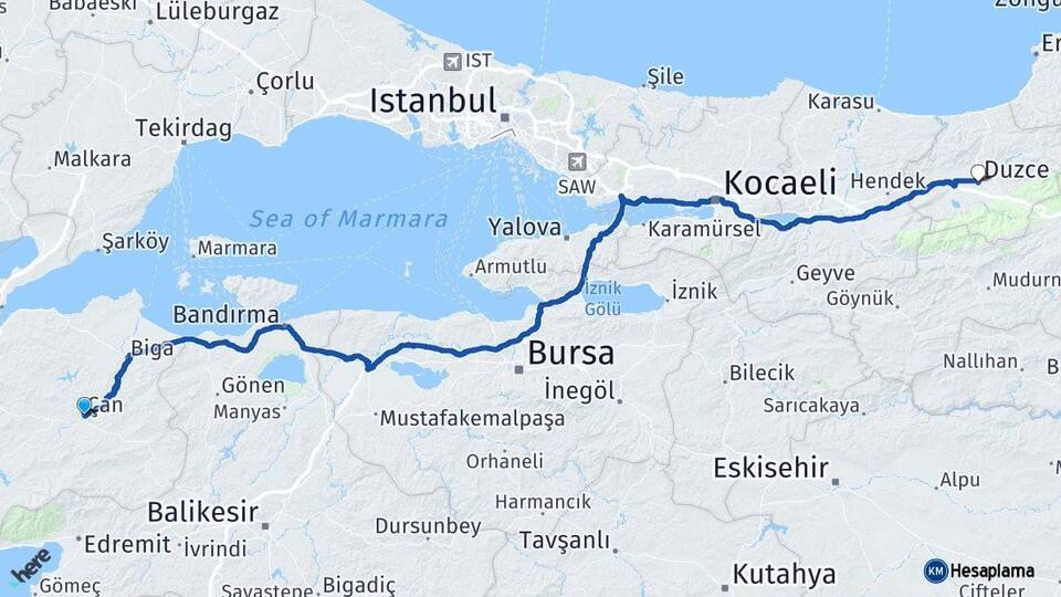 Çanakkale Çan Düzce Arası Kaç Km - Yol Haritası