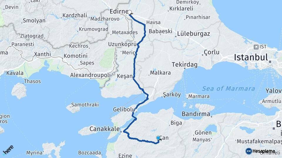 Çanakkale Çan Edirne Arası Kaç Km - Yol Haritası