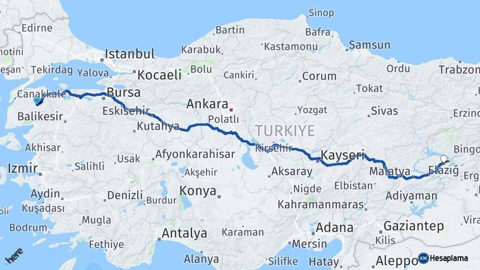 Çanakkale Çan Elazığ Arası Kaç Km - Yol Haritası