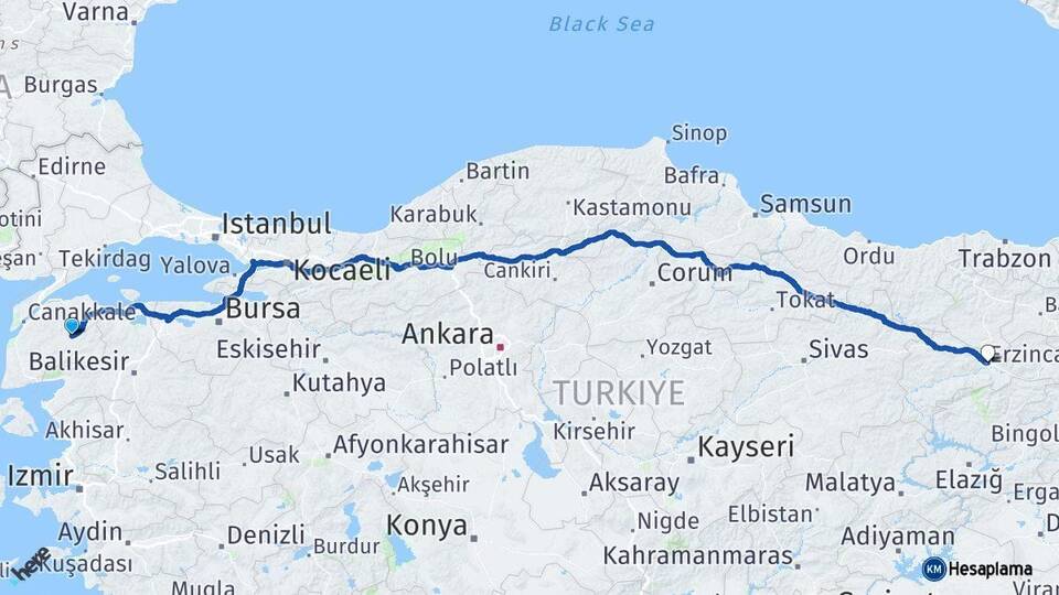 Çanakkale Çan Erzincan Arası Kaç Km - Yol Haritası