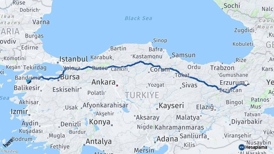 Çanakkale Çan Erzurum Arası Kaç Km - Yol Haritası