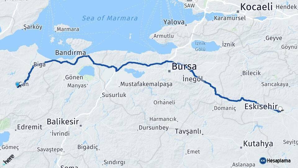 Çanakkale Çan Eskişehir Arası Kaç Km - Yol Haritası