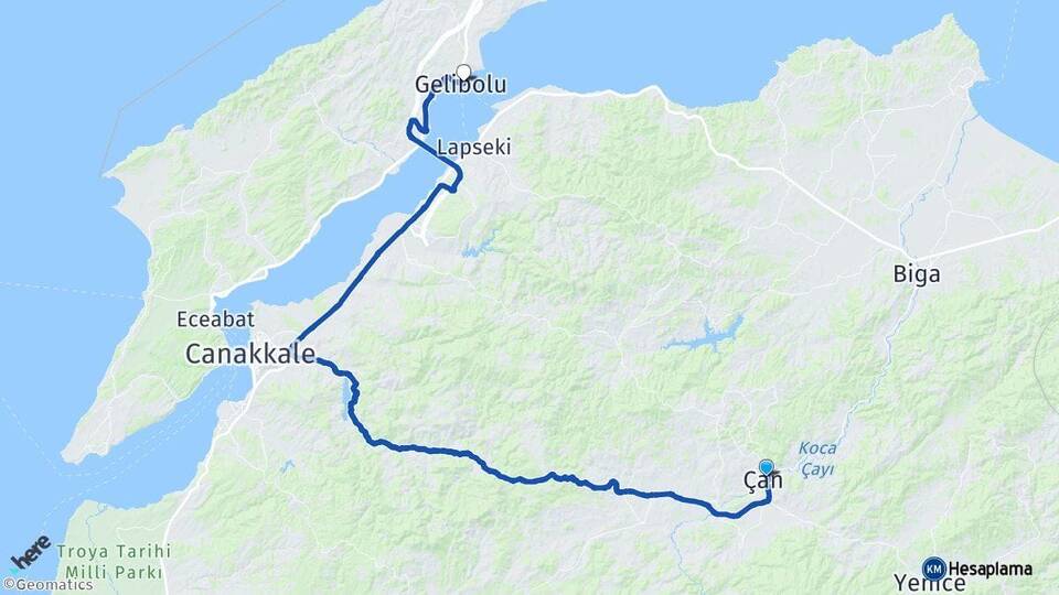 Çanakkale Çan Gelibolu Arası Kaç Km - Yol Haritası