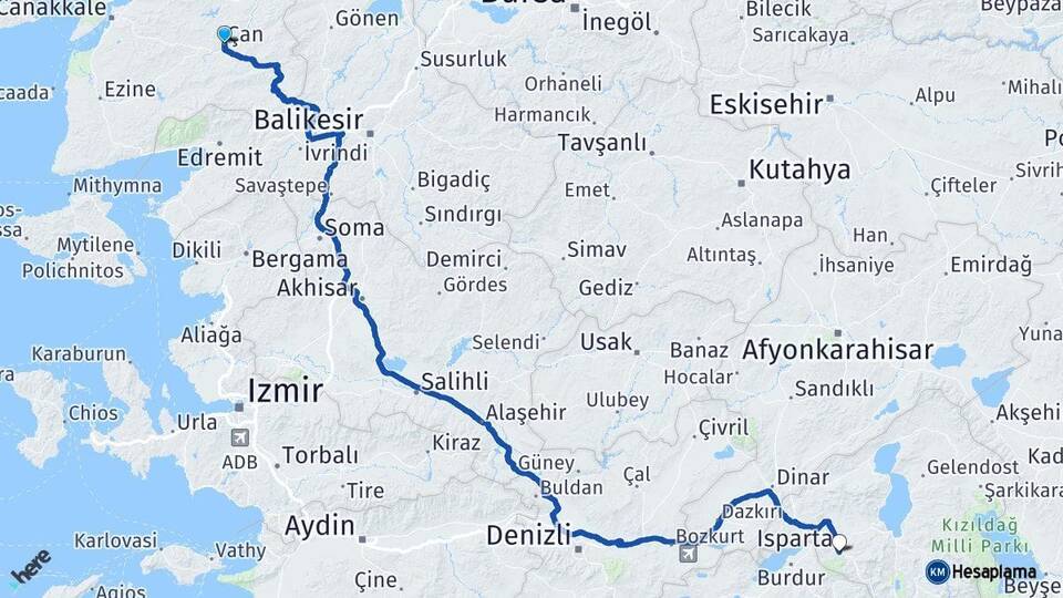 Çanakkale Çan Isparta Arası Kaç Km - Yol Haritası