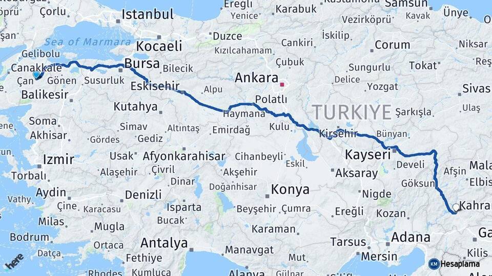 Çanakkale Çan Kahramanmaraş Arası Kaç Km - Yol Haritası