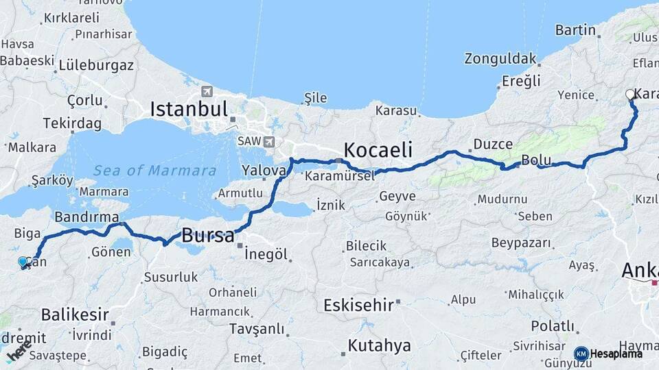 Çanakkale Çan Karabük Arası Kaç Km - Yol Haritası