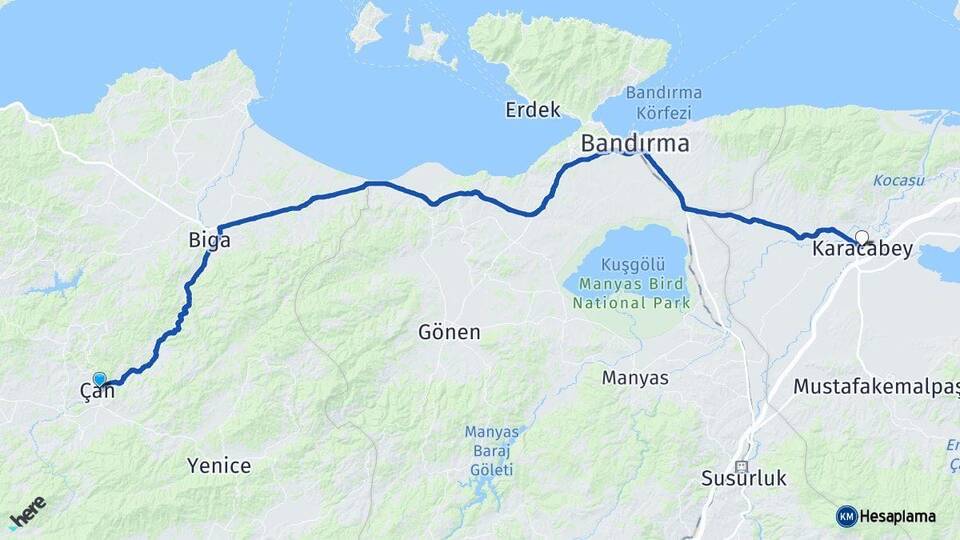Çanakkale Çan Karacabey Bursa Arası Kaç Km - Yol Haritası