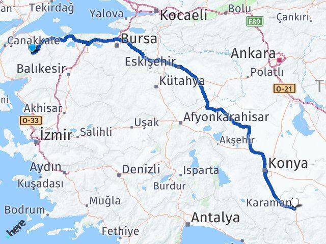 Çanakkale Çan Karaman Arası Kaç Km - Yol Haritası