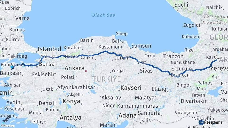 Çanakkale Çan Kars Arası Kaç Km - Yol Haritası
