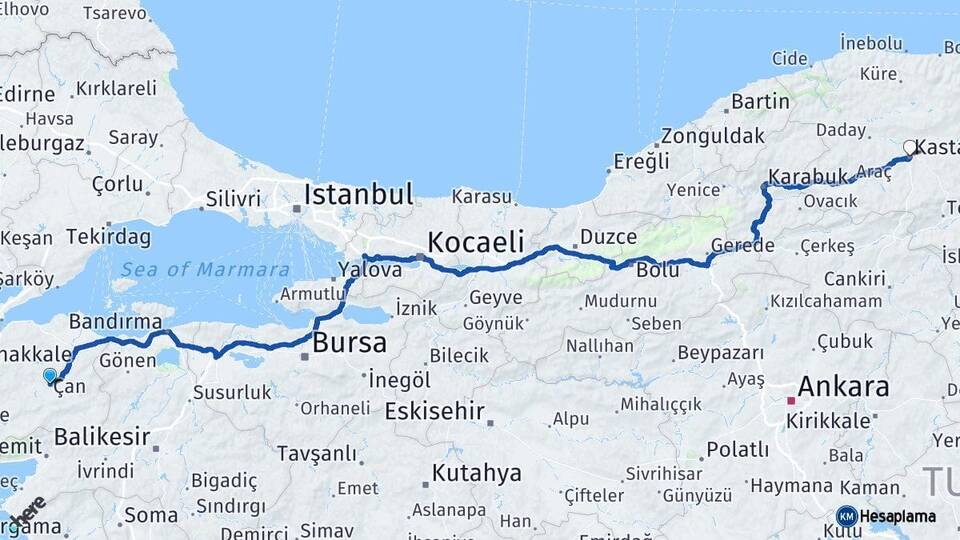 Çanakkale Çan Kastamonu Arası Kaç Km - Yol Haritası