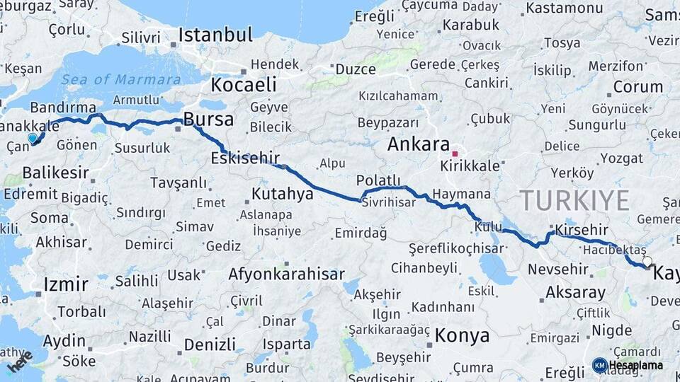 Çanakkale Çan Kayseri Arası Kaç Km - Yol Haritası