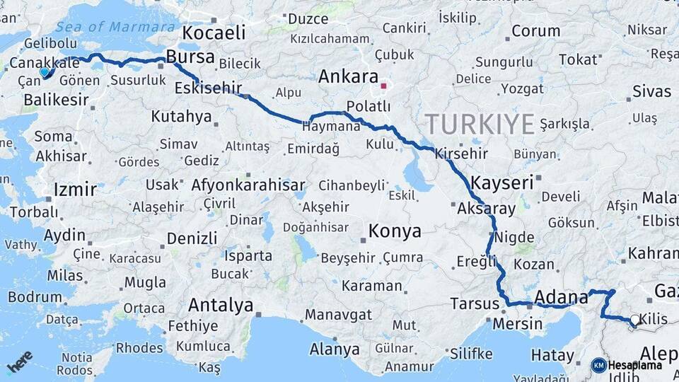 Çanakkale Çan Kilis Arası Kaç Km - Yol Haritası