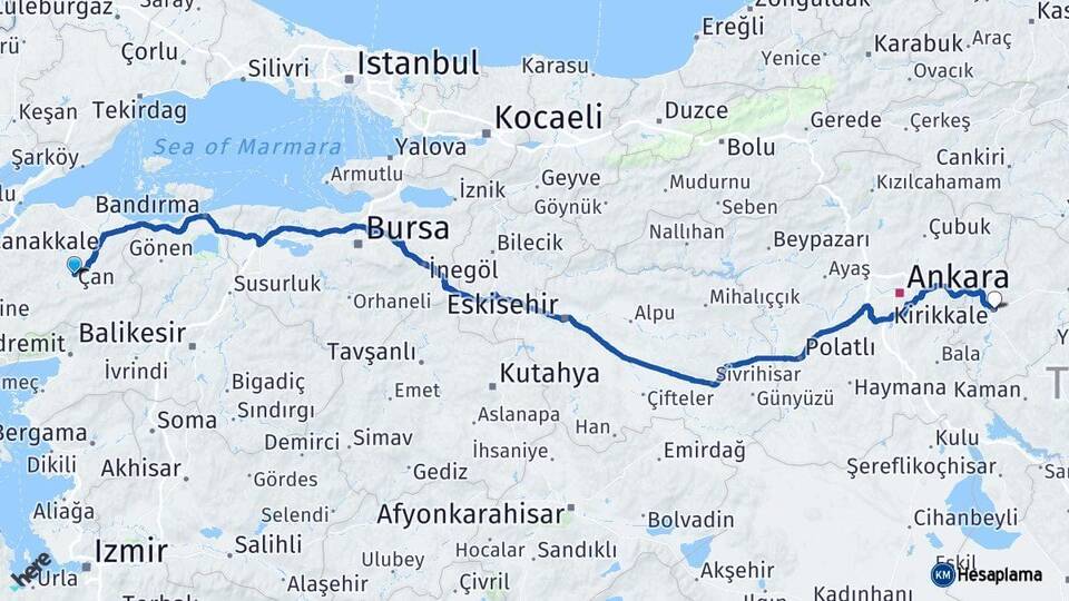 Çanakkale Çan Kırıkkale Arası Kaç Km - Yol Haritası