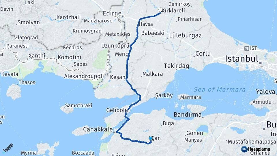 Çanakkale Çan Kırklareli Arası Kaç Km - Yol Haritası
