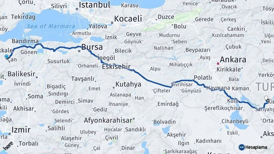 Çanakkale Çan Kırşehir Arası Kaç Km - Yol Haritası