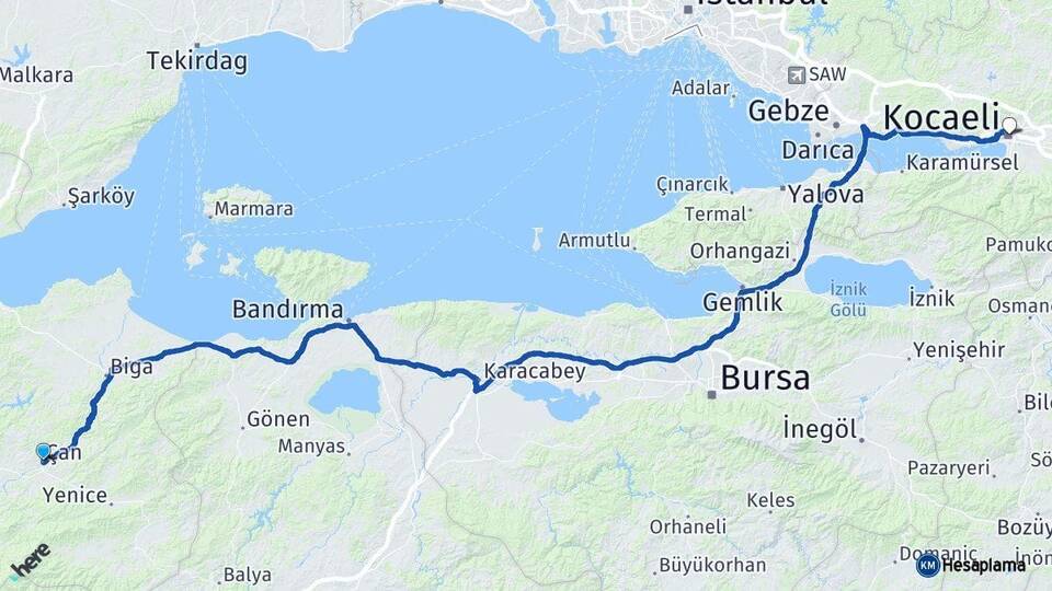 Çanakkale Çan Kocaeli Arası Kaç Km - Yol Haritası