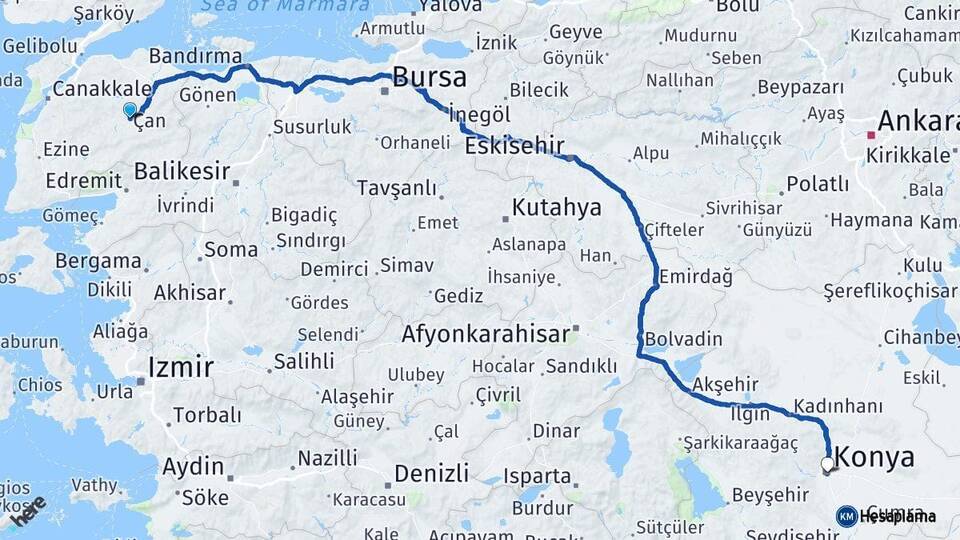 Çanakkale Çan Konya Arası Kaç Km - Yol Haritası