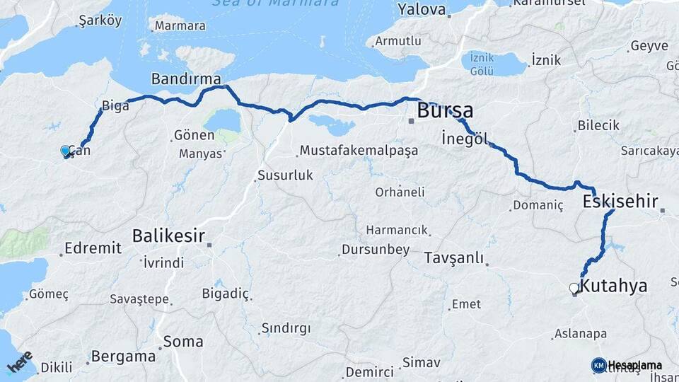 Çanakkale Çan Kütahya Arası Kaç Km - Yol Haritası