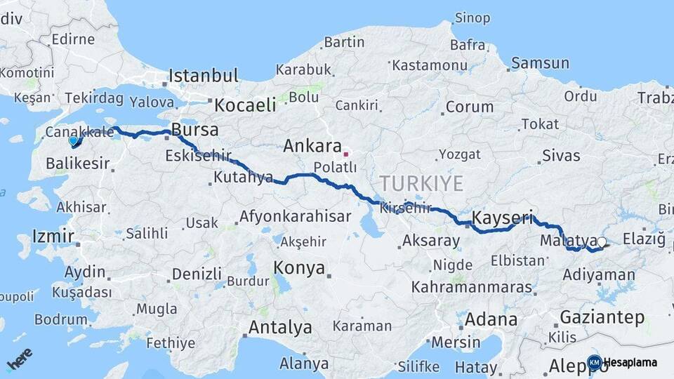 Çanakkale Çan Malatya Arası Kaç Km - Yol Haritası