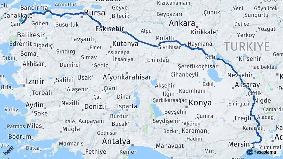 Çanakkale Çan Mersin Arası Kaç Km - Yol Haritası