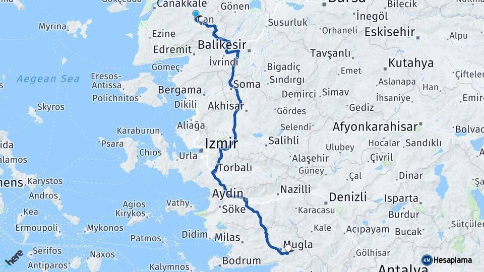 Çanakkale Çan Muğla Arası Kaç Km - Yol Haritası