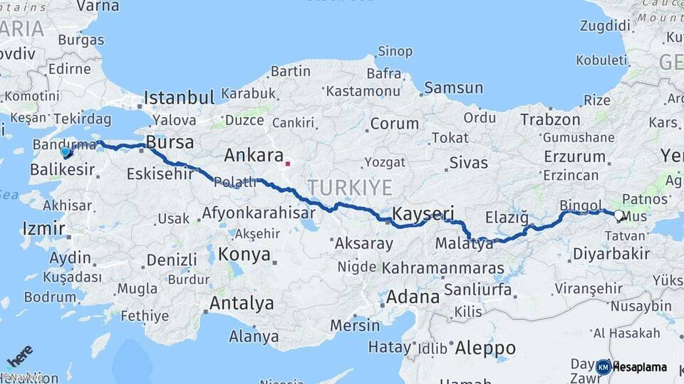 Çanakkale Çan Muş Arası Kaç Km - Yol Haritası
