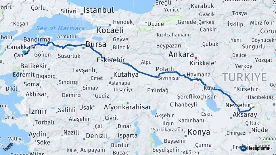 Çanakkale Çan Nevşehir Arası Kaç Km - Yol Haritası