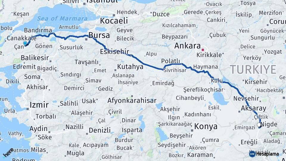 Çanakkale Çan Niğde Arası Kaç Km - Yol Haritası
