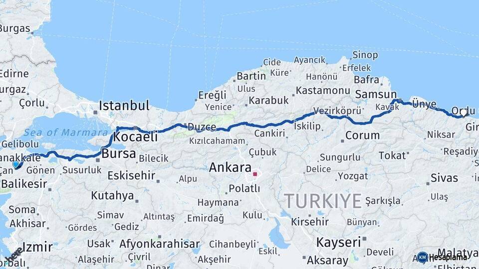 Çanakkale Çan Ordu Arası Kaç Km - Yol Haritası