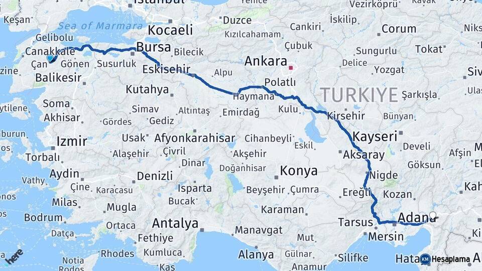 Çanakkale Çan Osmaniye Arası Kaç Km - Yol Haritası