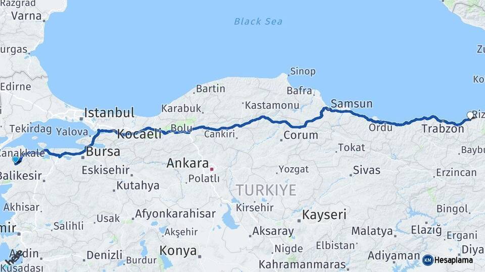 Çanakkale Çan Rize Arası Kaç Km - Yol Haritası