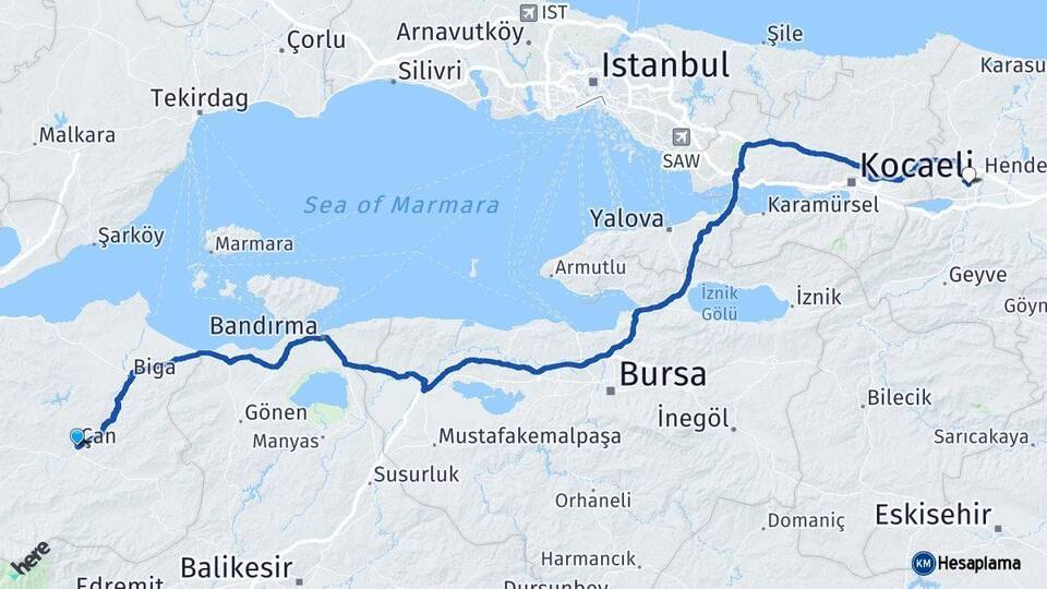 Çanakkale Çan Sakarya Arası Kaç Km - Yol Haritası