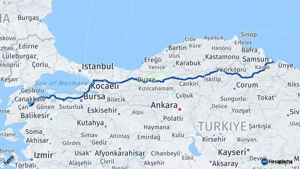 Çanakkale Çan Samsun Arası Kaç Km - Yol Haritası