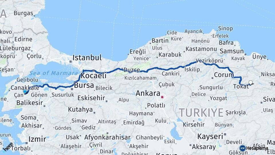 Çanakkale Çan Tokat Arası Kaç Km - Yol Haritası