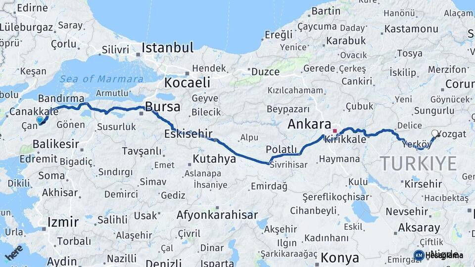 Çanakkale Çan Yozgat Arası Kaç Km - Yol Haritası