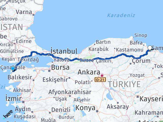 Çanakkale Canik Samsun Arası Kaç Km - Yol Haritası