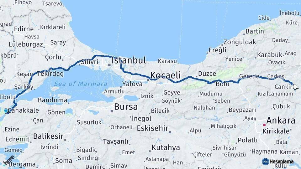 Çanakkale Çankırı Arası Kaç Km - Yol Haritası