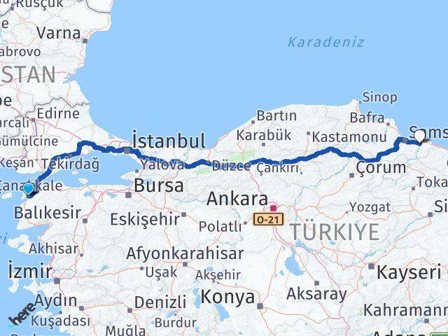 Çanakkale Çarşamba Samsun Arası Kaç Km - Yol Haritası