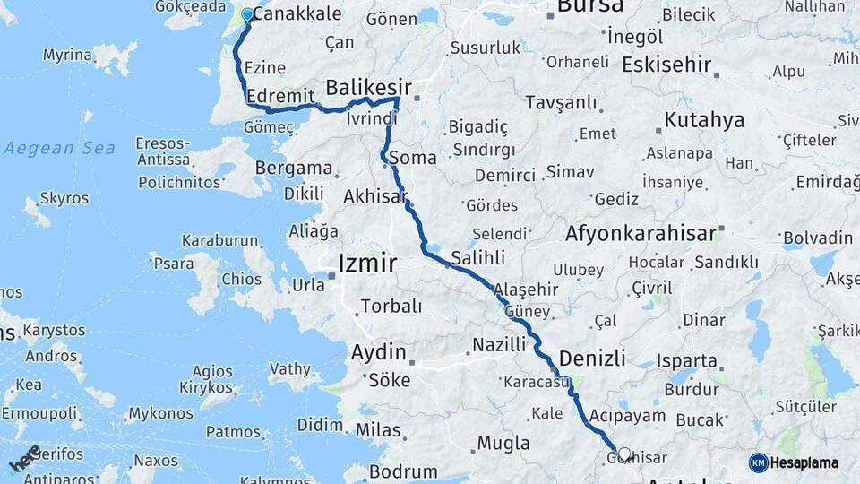 Çanakkale Çavdır Burdur Arası Kaç Km - Yol Haritası
