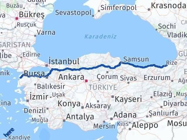 Çanakkale Çayeli Rize Arası Kaç Km - Yol Haritası