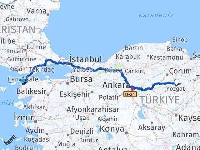Çanakkale Çekerek Yozgat Arası Kaç Km - Yol Haritası