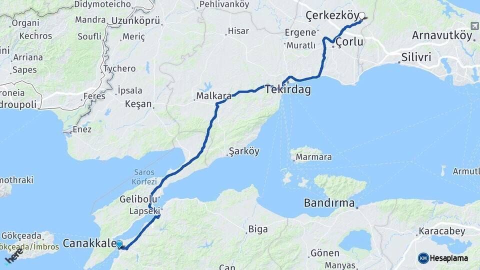 Çanakkale Çerkezköy Tekirdağ Arası Kaç Km - Yol Haritası