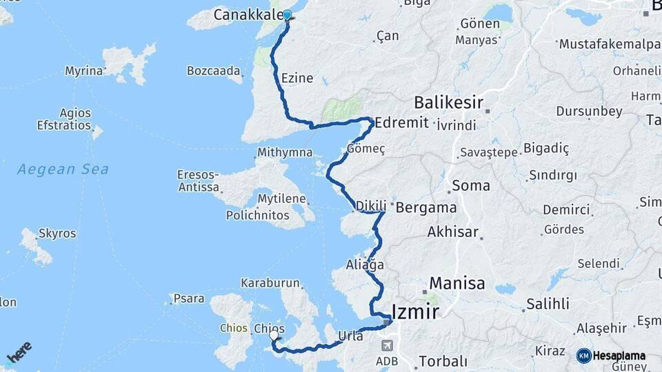 Çanakkale Çeşme İzmir Arası Kaç Km - Yol Haritası