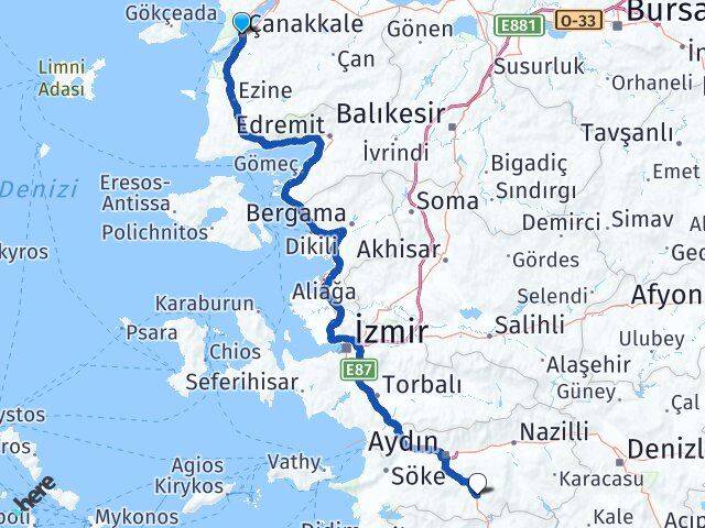 Çanakkale Çine Aydın Arası Kaç Km - Yol Haritası