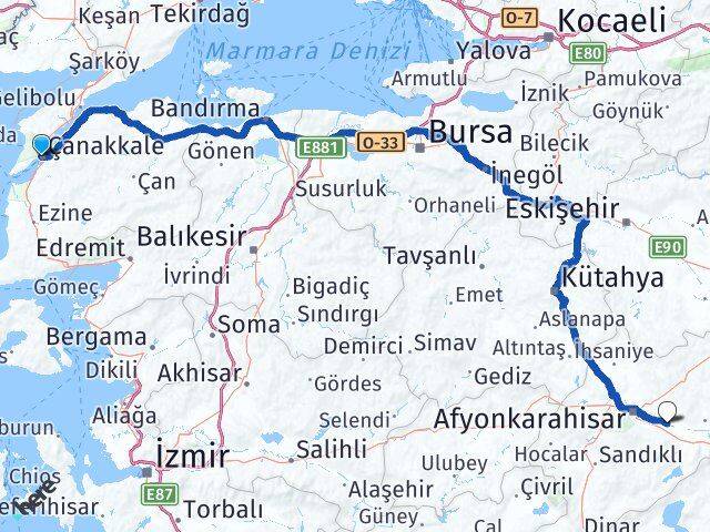 Çanakkale Çobanlar Afyonkarahisar Arası Kaç Km - Yol Haritası