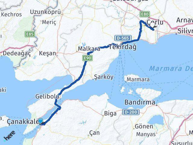 Çanakkale Çorlu Havalimanı Arası Kaç Km - Yol Haritası