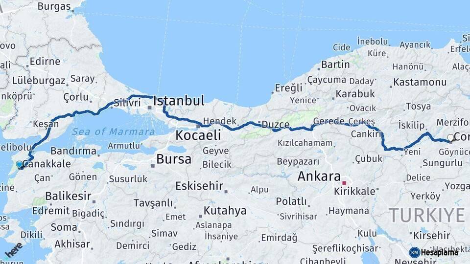 Çanakkale Çorum Arası Kaç Km - Yol Haritası