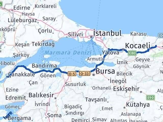 Çanakkale Cumayeri Düzce Arası Kaç Km - Yol Haritası